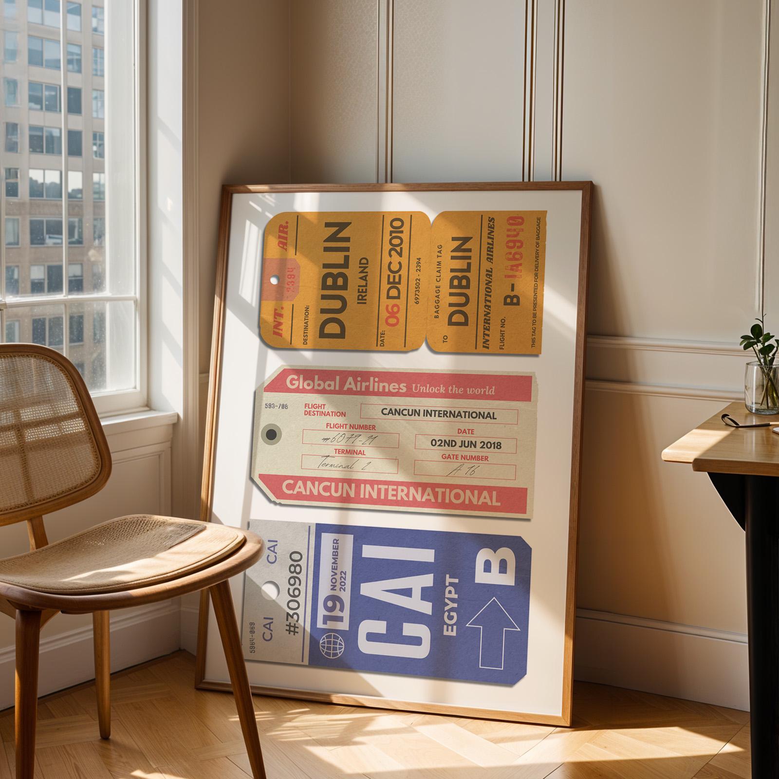 Personalised unique poster with three vintage travel tags, printable print in retro colour schemes for holiday memories.