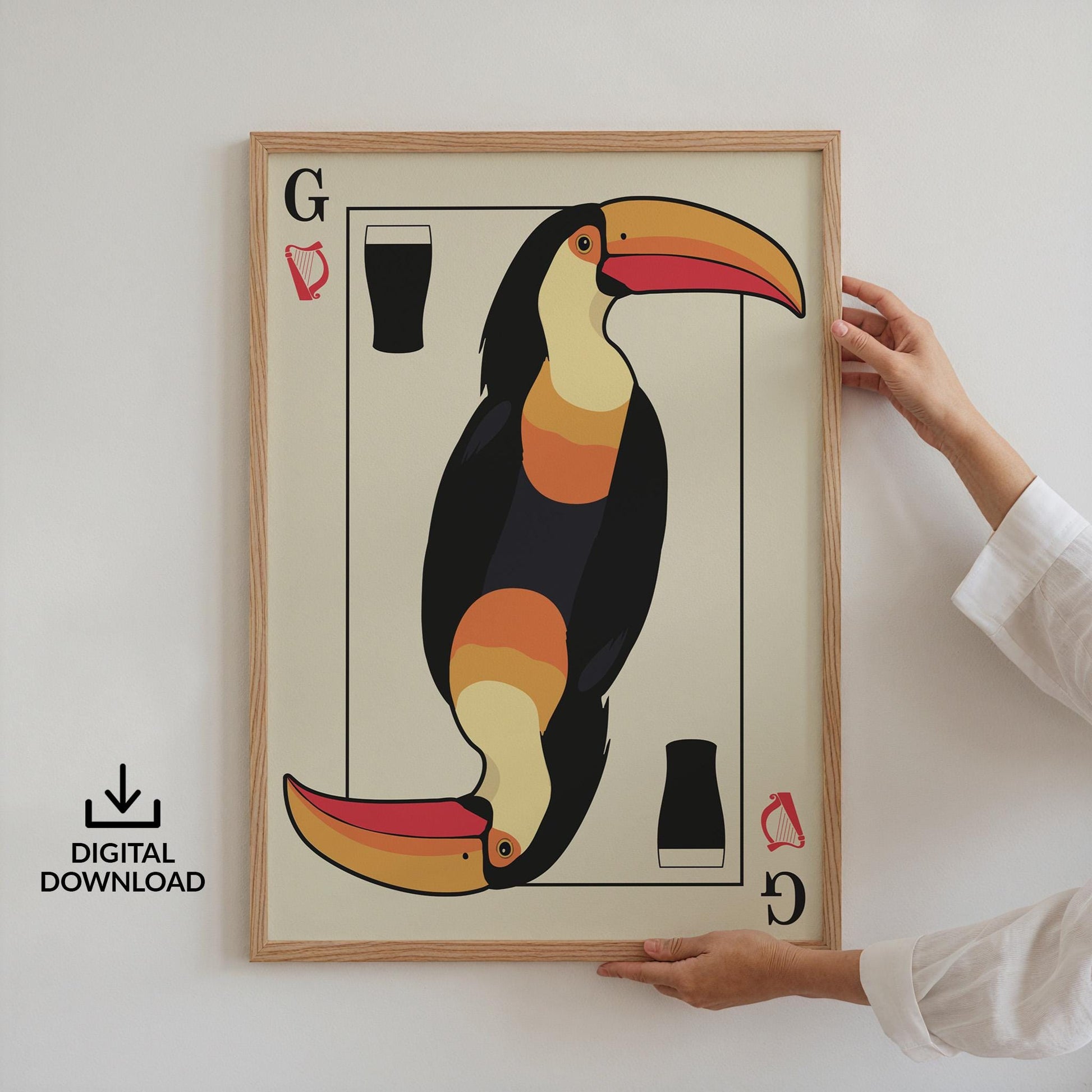 Digital toucan playing card poster in dark tones, perfect printable wall art for beer lovers and pub fans.