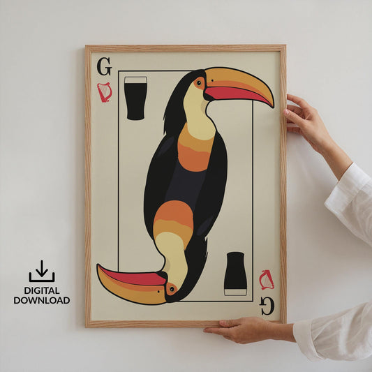 Digital toucan playing card poster in dark tones, perfect printable wall art for beer lovers and pub fans.