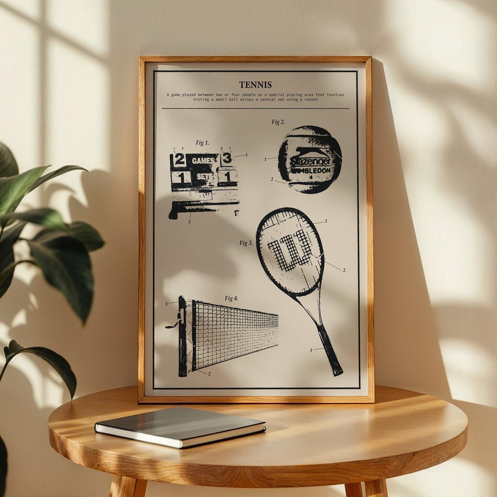 Downloadable tennis schematic art print with retro gear detail, ideal for framing in any player’s space.