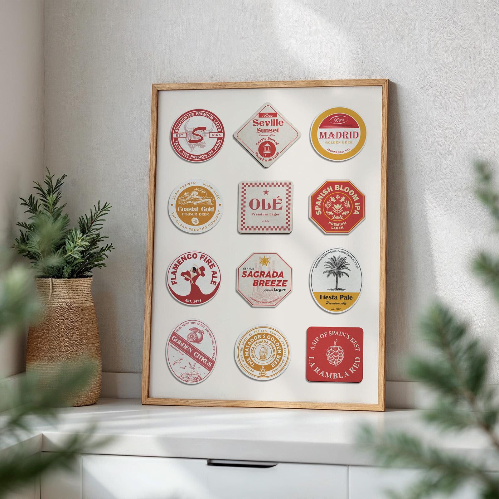 Spanish coaster art digital file with Barcelona, Seville, Alhambra. Ideal printable gift for pub and holiday décor.