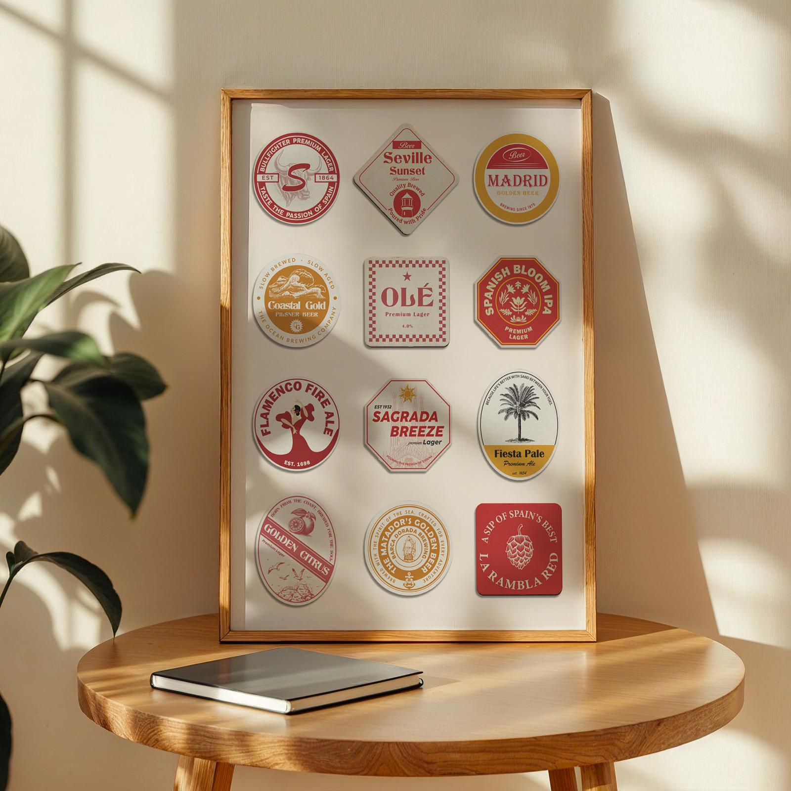 Spain travel beer mat printable file with Madrid, Barcelona landmarks, ideal pub beer gift for travellers and holidays.