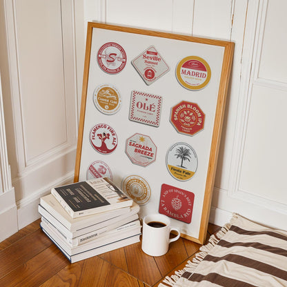 Spanish beer coaster poster featuring Madrid, Barcelona, Seville, Alhambra, flamenco, ideal gift for pub and beer lovers