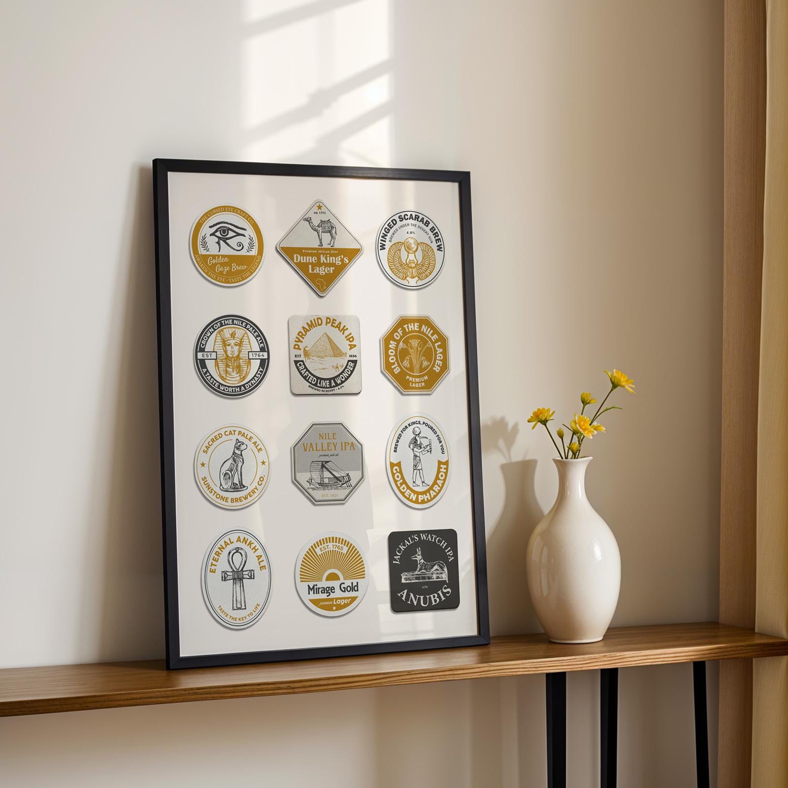 Instant download Egypt beer mat print with Valley of Kings and pharaohs. Great gift for beer lovers and home bar décor.