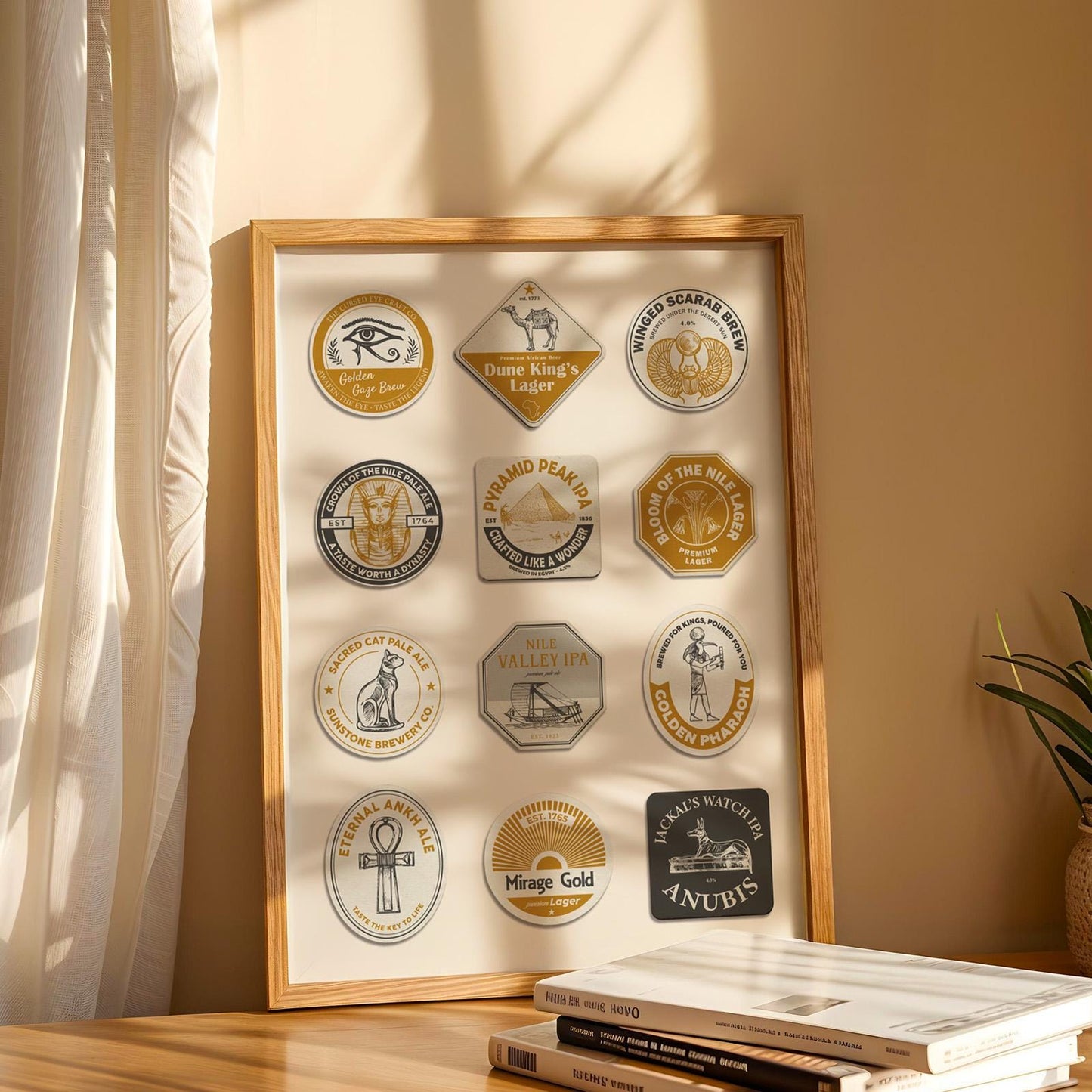 Beer lover wall art featuring Egyptian pyramids, gods, and Nile scenes. Perfect travel office gift or man cave décor.