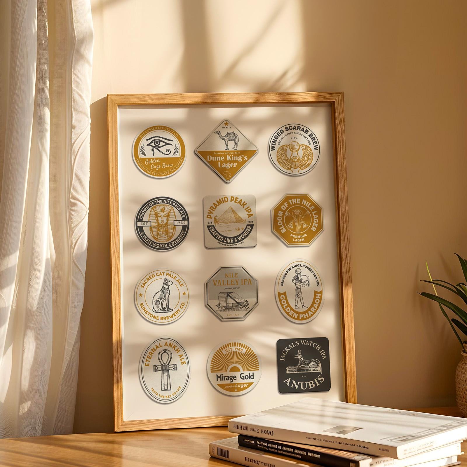 Beer lover wall art featuring Egyptian pyramids, gods, and Nile scenes. Perfect travel office gift or man cave décor.