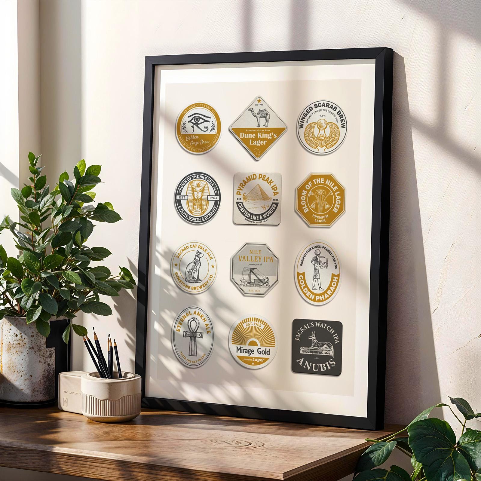 Printable Egypt travel beer mat with icons and landmarks of cities, gods and Nile River. Instant gift for pub décor wall art.