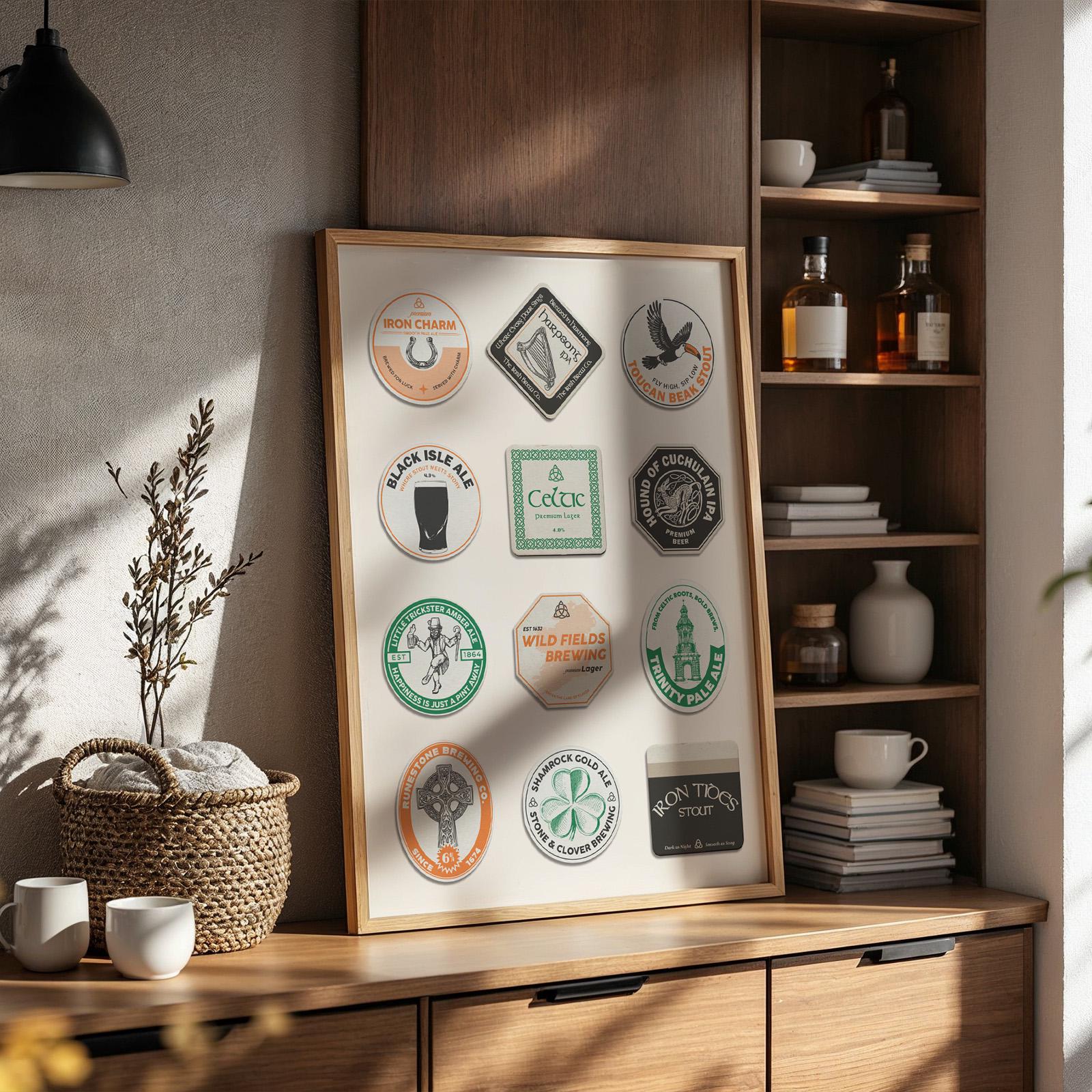 Printable Irish beer mat with lucky shamrock, stout pint, and landmarks. Perfect instant trendy and unique pub gift.