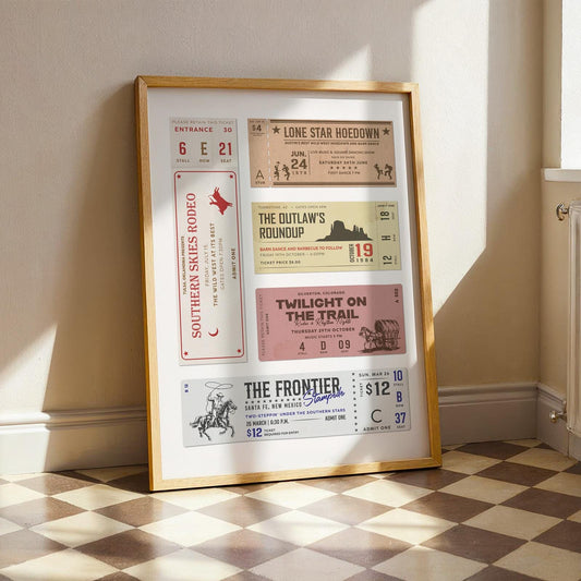 Western Rodeo style ticket stub poster leaning on wall in office.