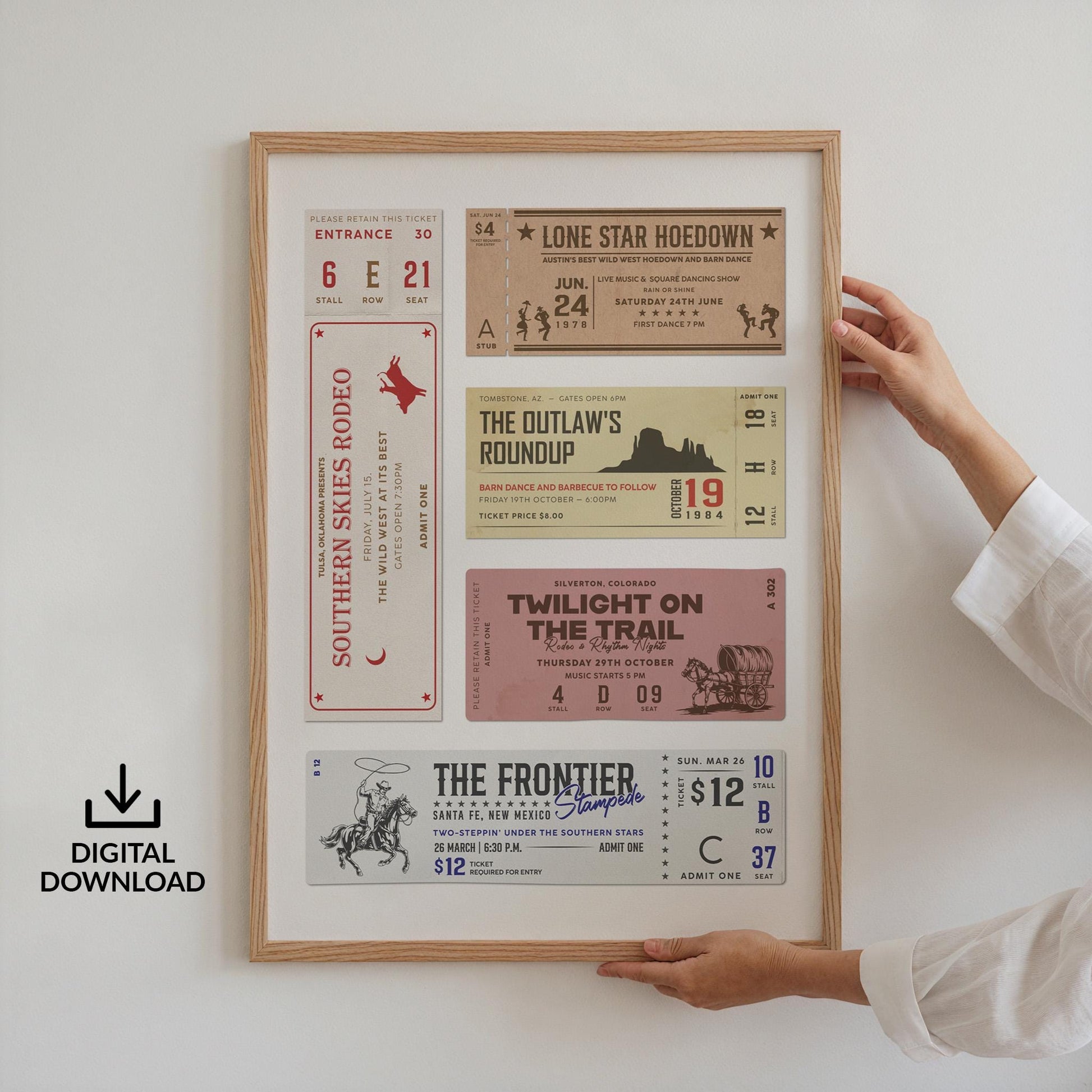 western rodeo ticket stub poster being help up on a white wall