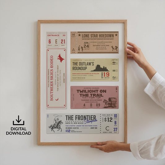 western rodeo ticket stub poster being help up on a white wall