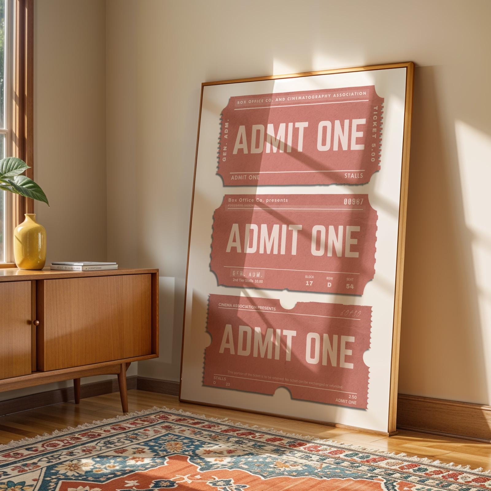 a warm colour living room with a red retro print on the wall.