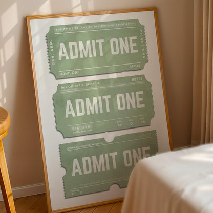 a framed art piece in the bedroom. a green old ticket theme on the poster