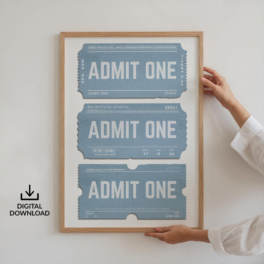 Digital file for a trendy worn ticket inspired art piece. in a sky blue colour scheme