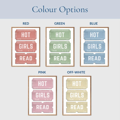 the colour options for this poster are blue, red, green, pink and off white.