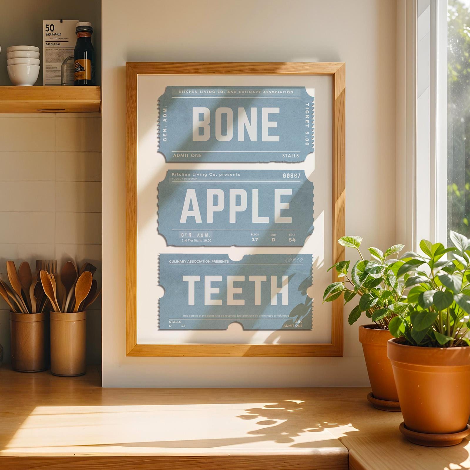 a vintage stub print in a kitchen on the wall