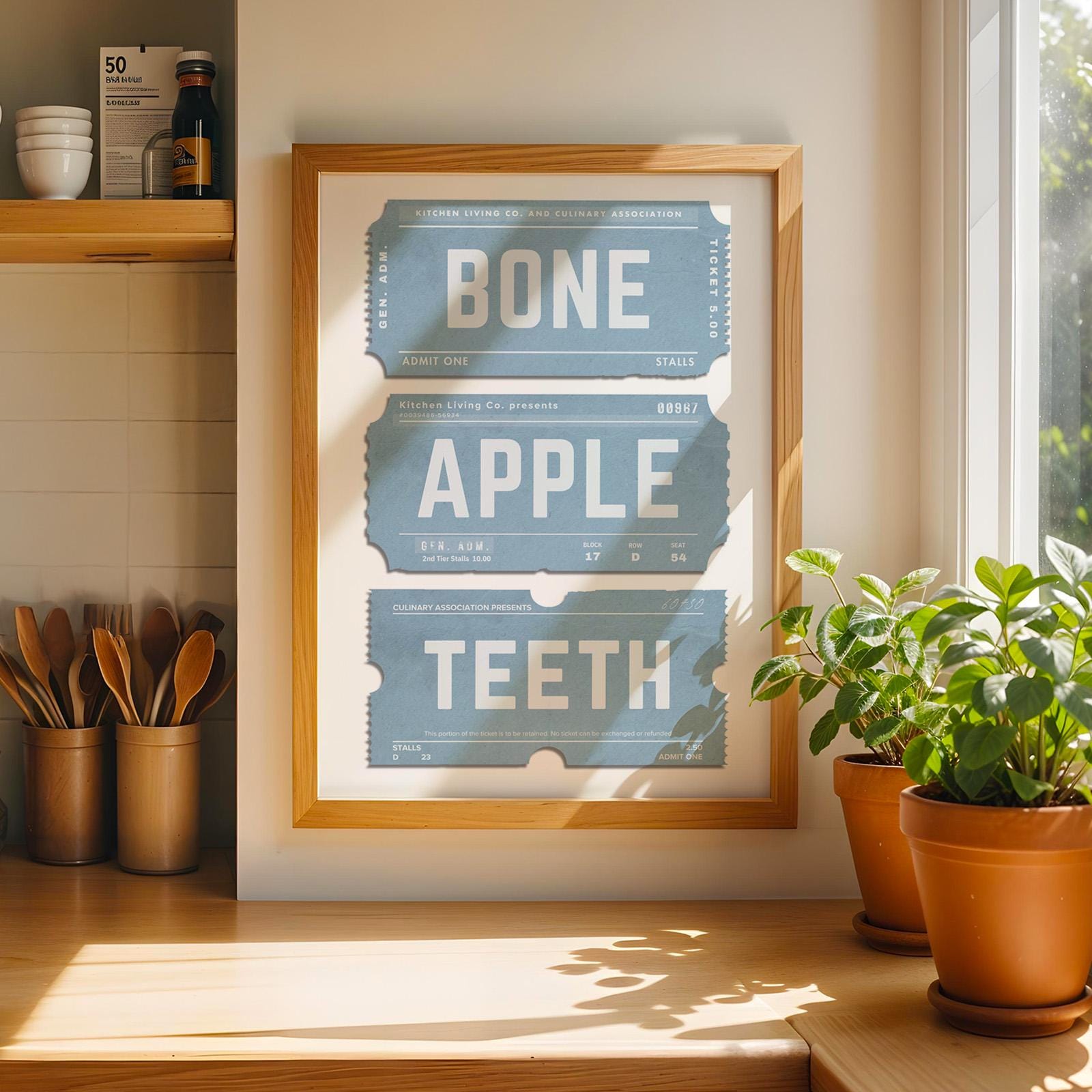 a vintage stub print in a kitchen on the wall