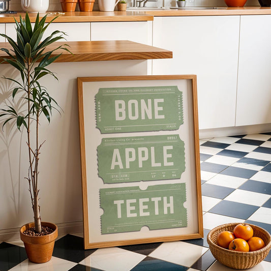 a kitchen cook lovers bone apple teeth print. oak framed green colour option