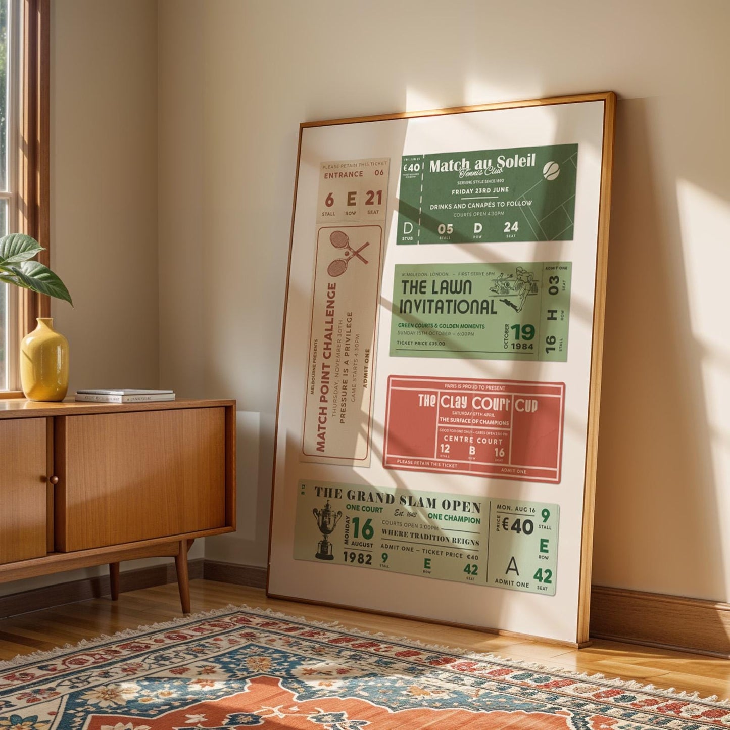 a sportsTennis Club Ticket Poster for court ball racquet game. large A2 oak framed print in living room.