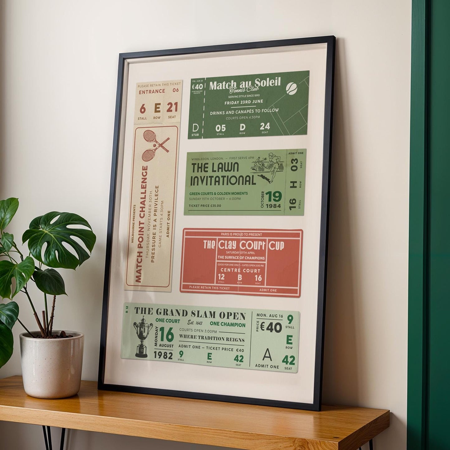 A tennis lover gift idea art print. framed in black leaning on wall in office. Old money charm art print