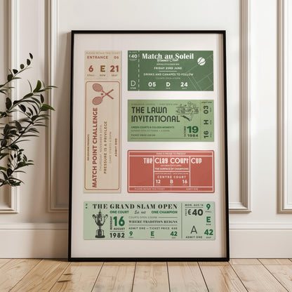 Vintage Tennis Club Ticket Stub Poster in green, clay, rich cream and white. Vintage old ticket inspired wall art.