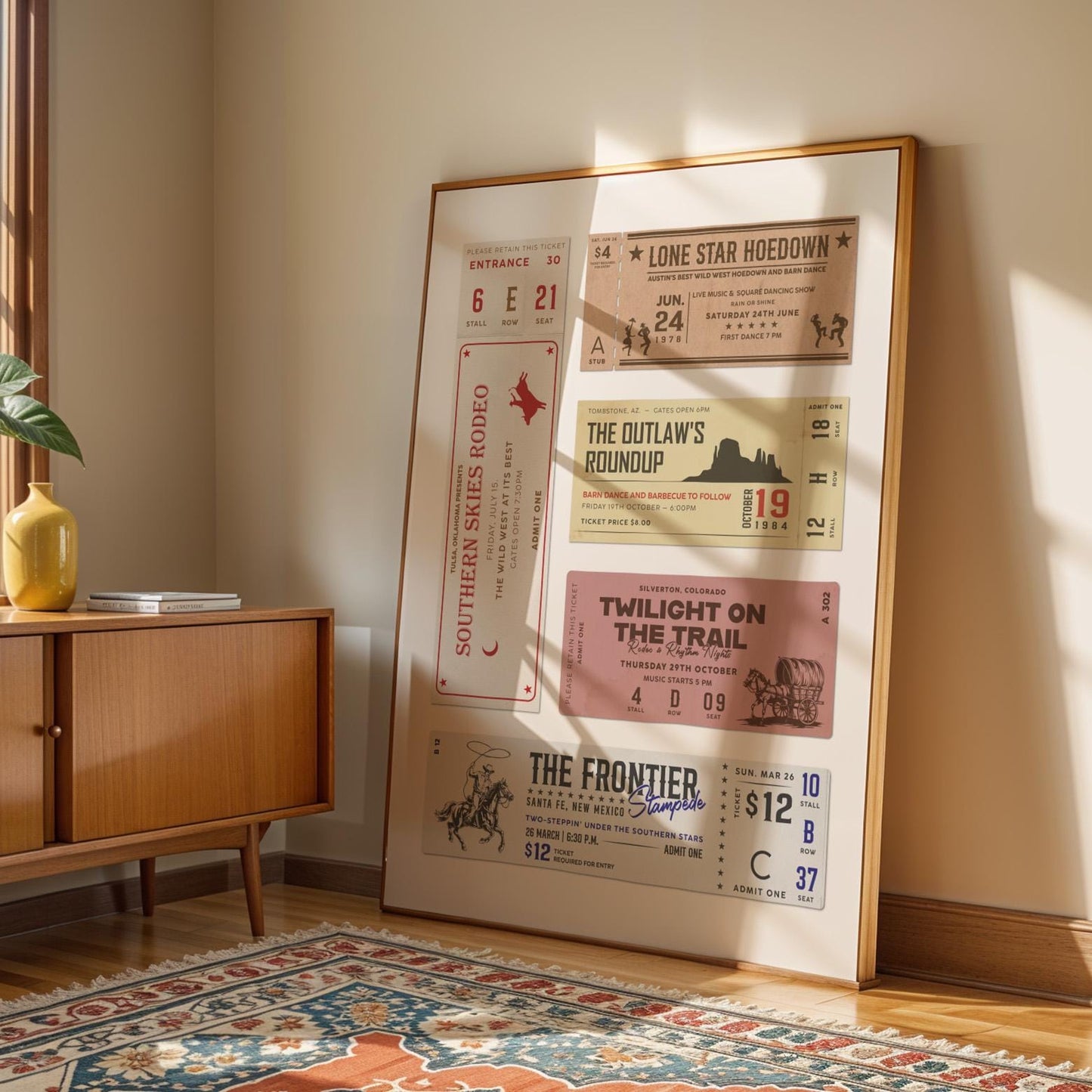 farmhouse modern print poster framed in oak in living room.