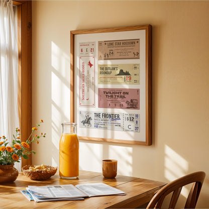 unique vintage retro poster framed on wall in dining room kitchen.