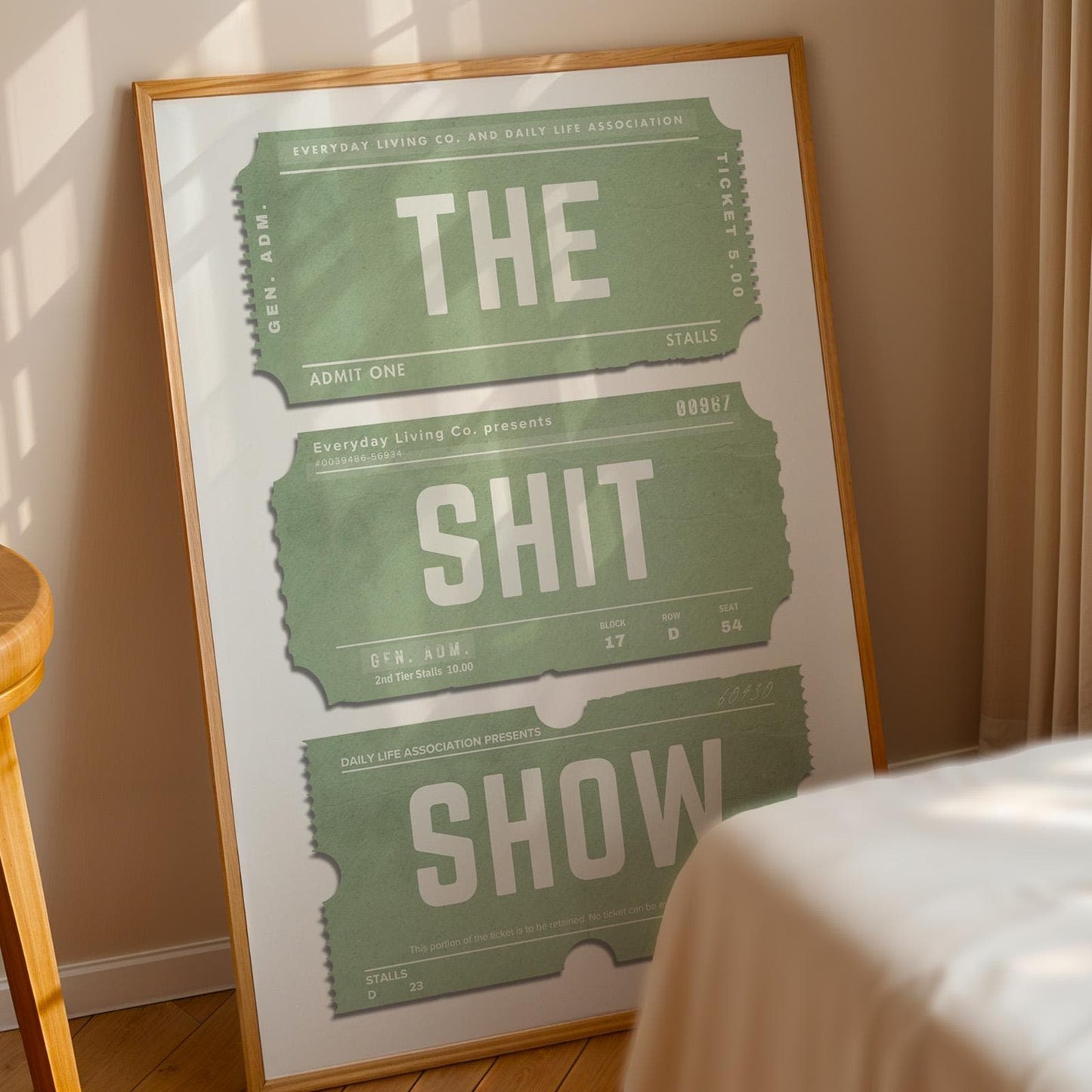 Oak framed print of vintage tickets with funny phrase in bedroom