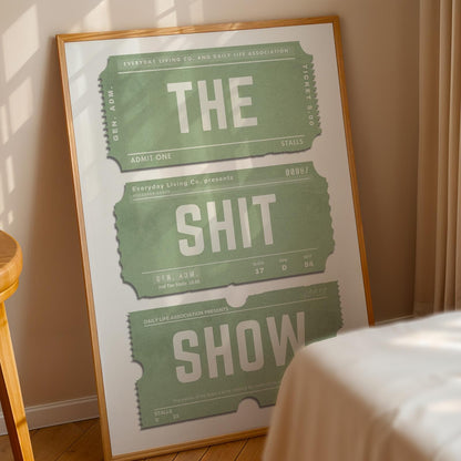 Oak framed print of vintage tickets with funny phrase in bedroom