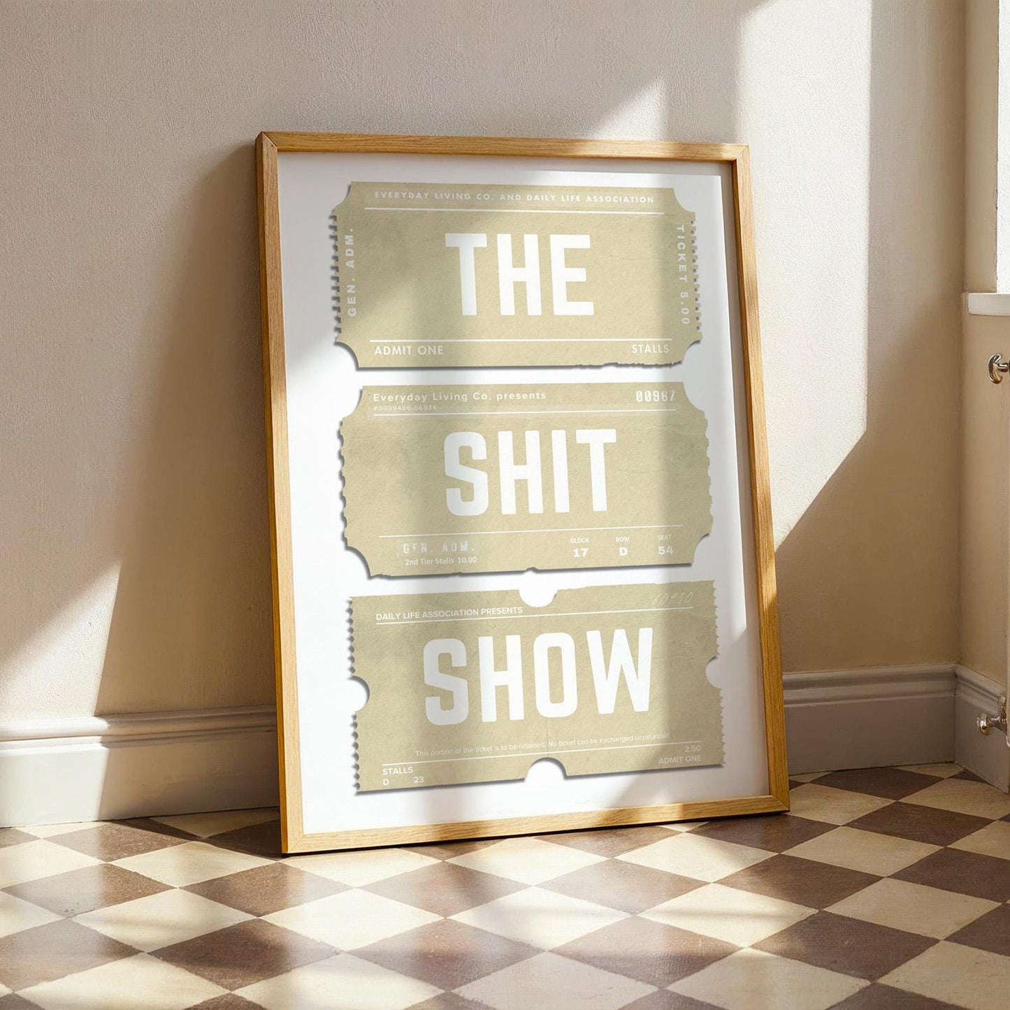 the shit show cheeky print in off white cream colour in kitchen