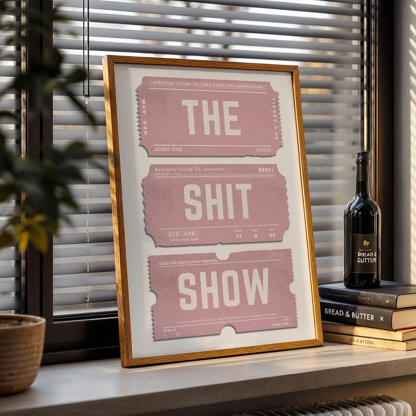 pink girly colour framed poster on window sill. trendy aesthetic art piece