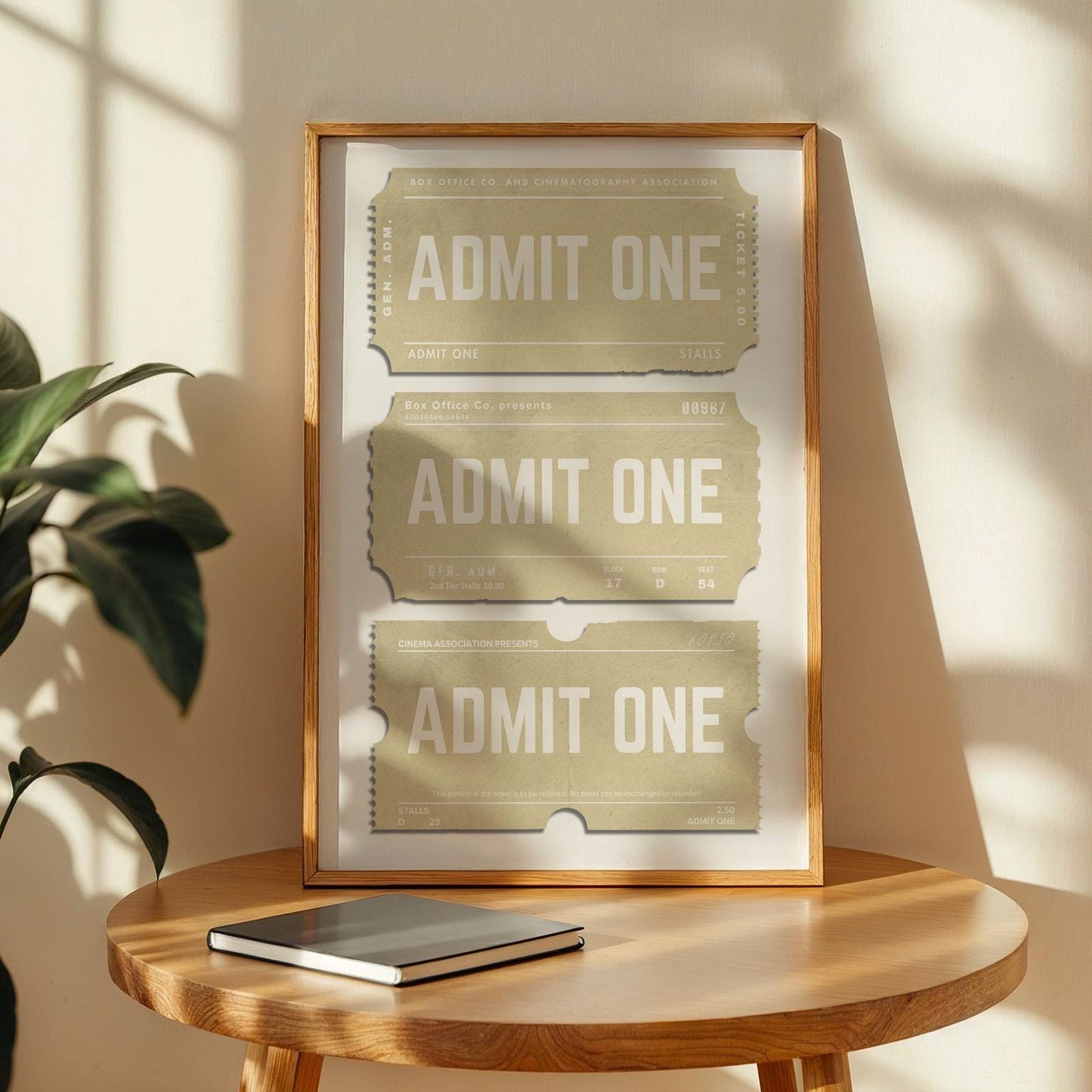 A retro wall art inspired by old worn cinema, concert, event and arcade stubs. a homely cosy phrase written on three in a neutral colour scheme