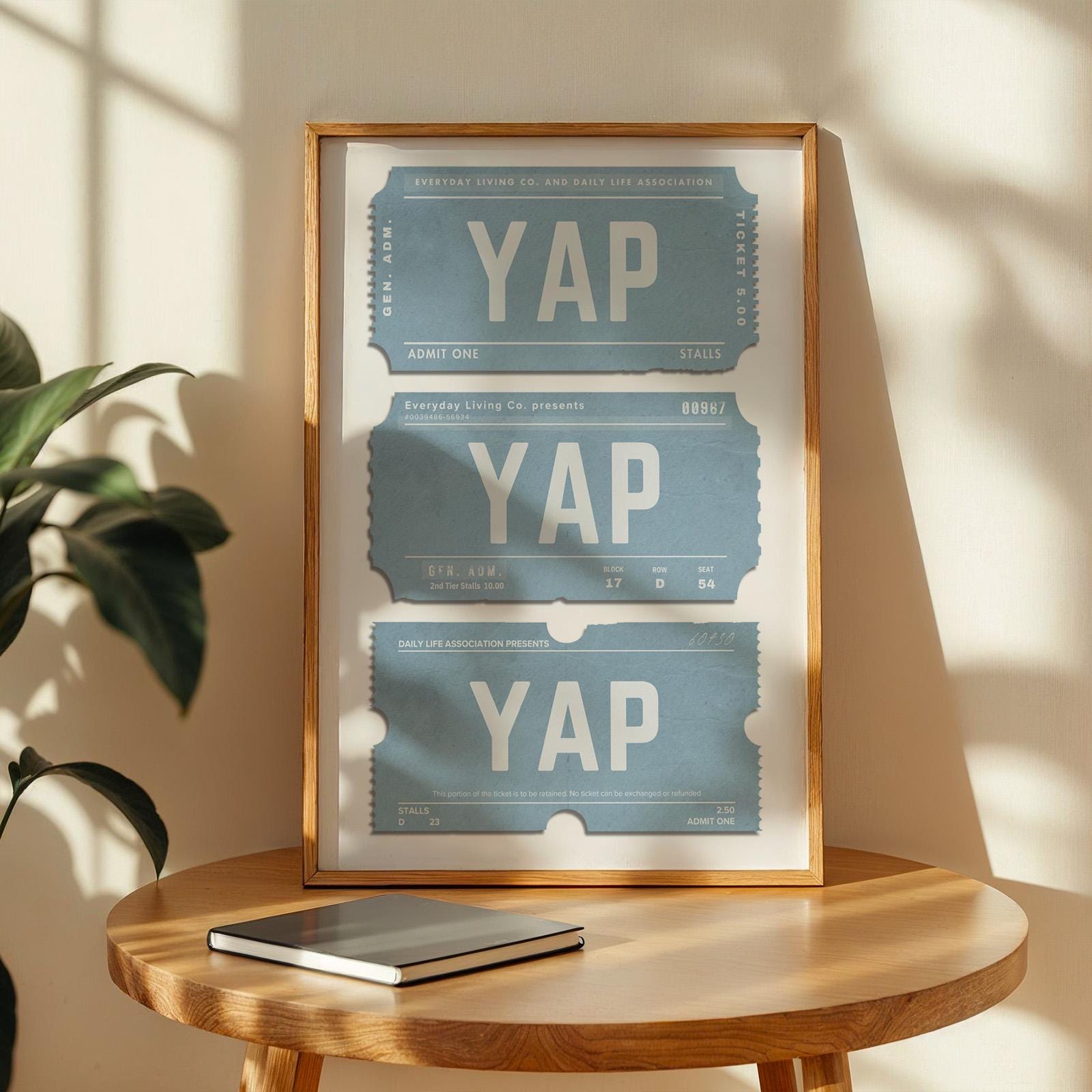 A blue A3 print of old nostalgic tickets with yap text