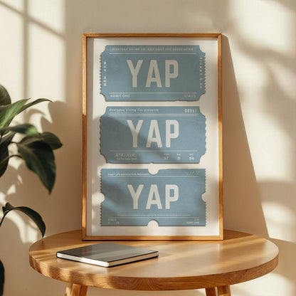 A blue A3 print of old nostalgic tickets with yap text
