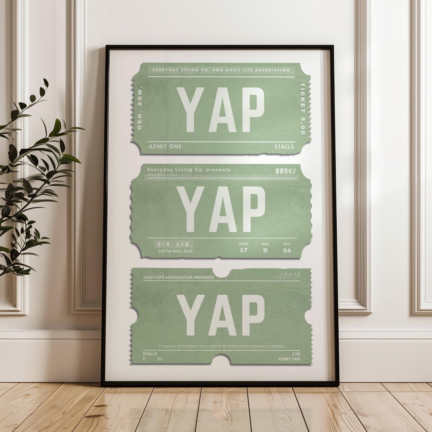 A green vintage print saying yap yap yap on a worn retro ticket stubs design with old realist detail