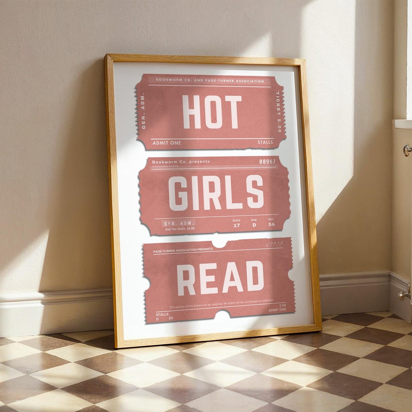 a framed print leaning on wall in kitchen. ideal gift idea for bookish book fans