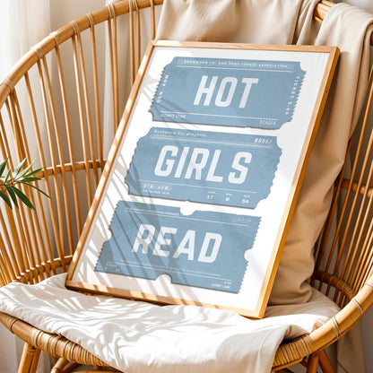 a worn ticket stub design for readers and book lovers. Framed in Oak with a blue colour scheme