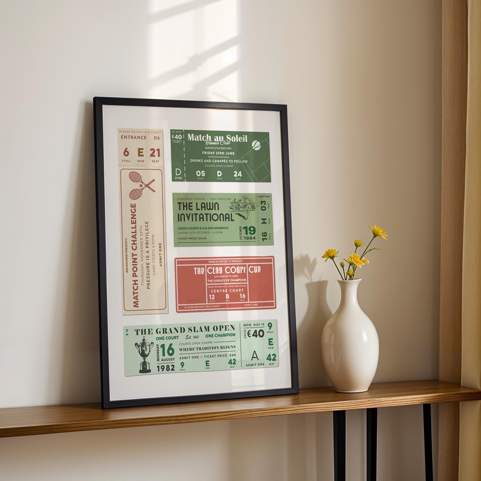 french Australian us and british event pass ticket art on office shelf.