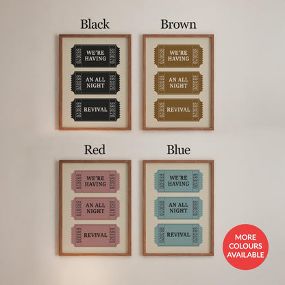The Country music ticket stub Lyric print is available in red, blue, green, brown and Black.