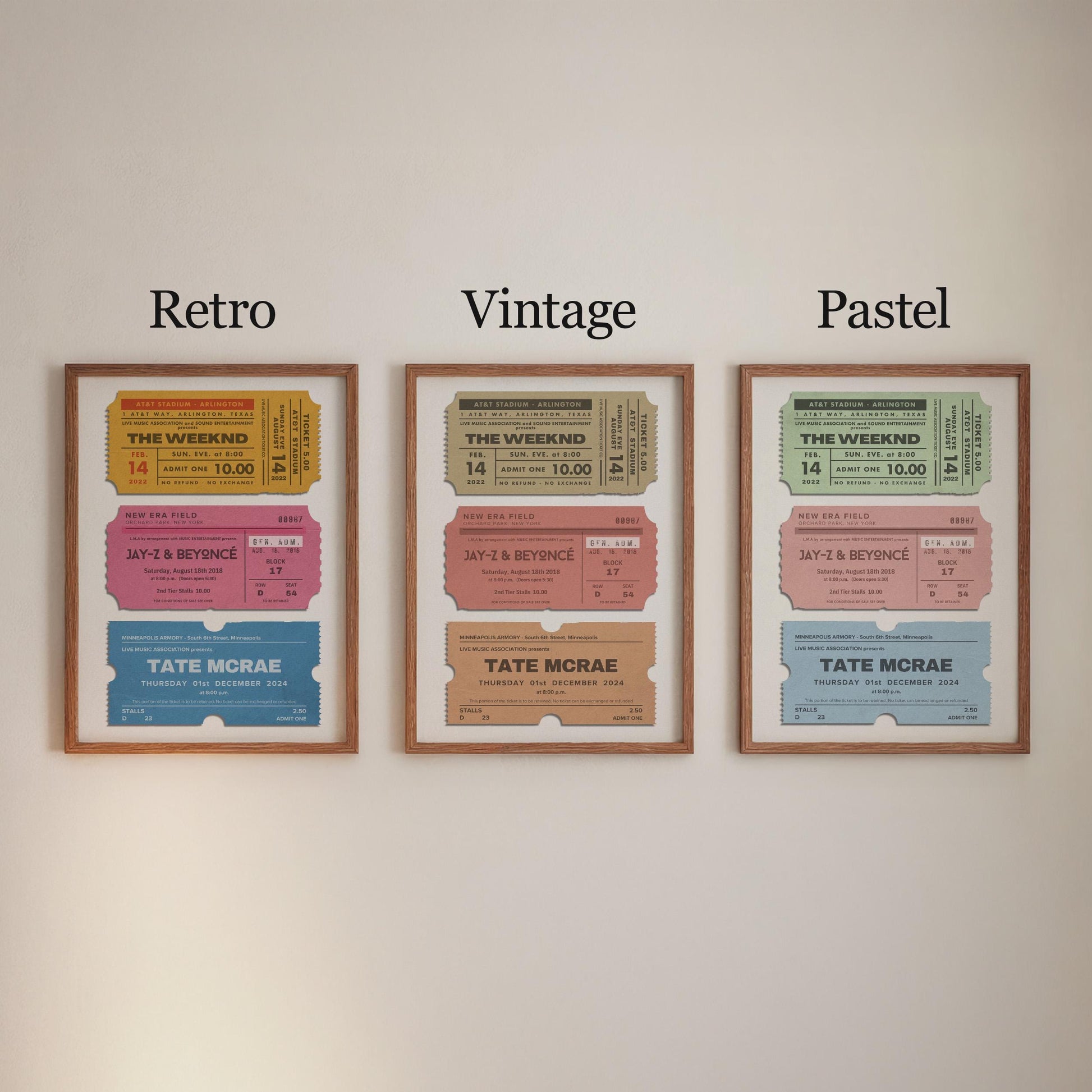 Digital vintage concert ticket stubs artwork, personalized for festival and gig memories, perfect nostalgic gift.