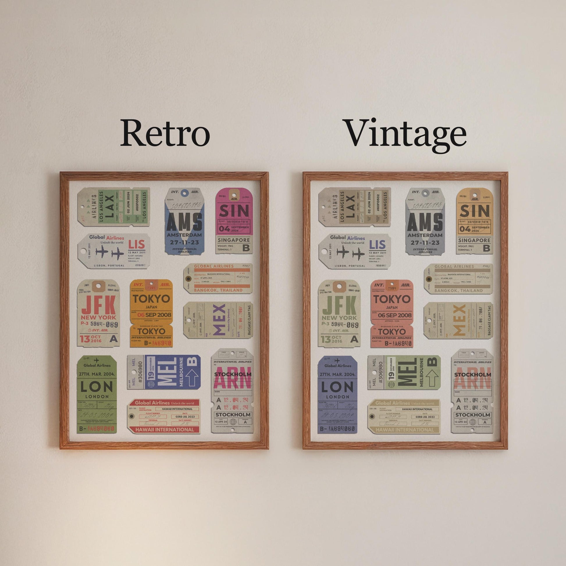 personalised airport code poster for travellers available in a vibrant retro or muted vintage colour scheme.