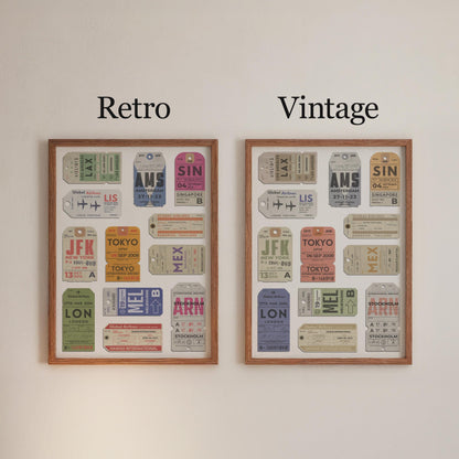 personalised airport code poster for travellers available in a vibrant retro or muted vintage colour scheme.