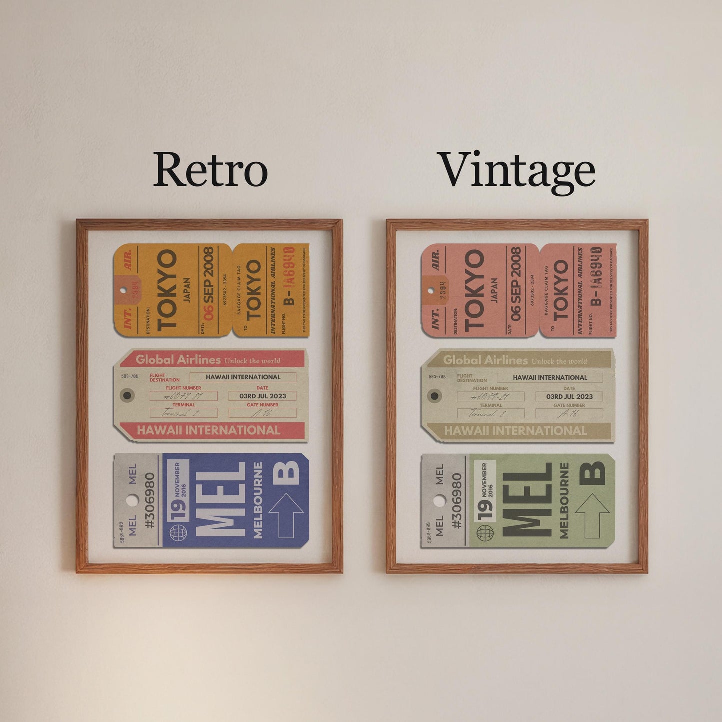 Digital print with three tags designs on one print comes in either a bright retro design or a muted minimal vintage.