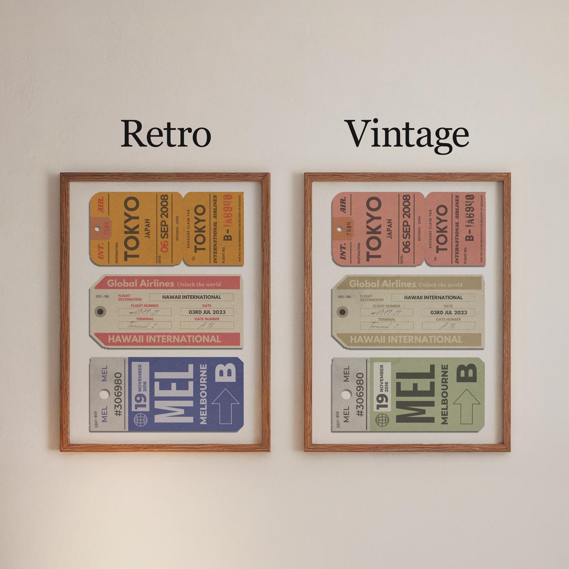 Digital print with three tags designs on one print comes in either a bright retro design or a muted minimal vintage.