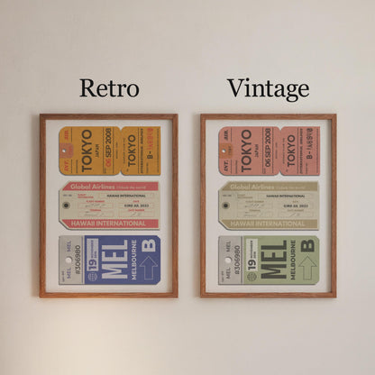 Digital print with three tags designs on one print comes in either a bright retro design or a muted minimal vintage.