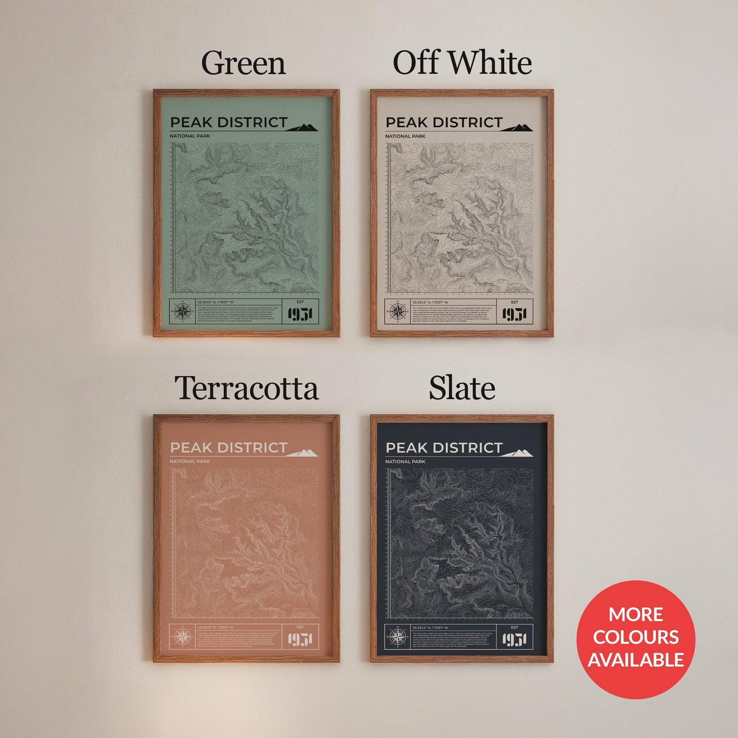 Framed Peak District map art all colour options, great gift for hiking fans.