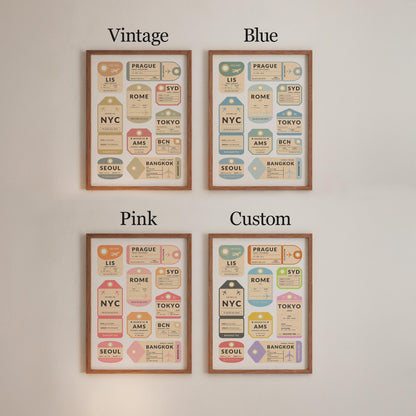 Digital print of airport luggage tags come in black and white, blue, vintage or custom. All made to suit any space at home