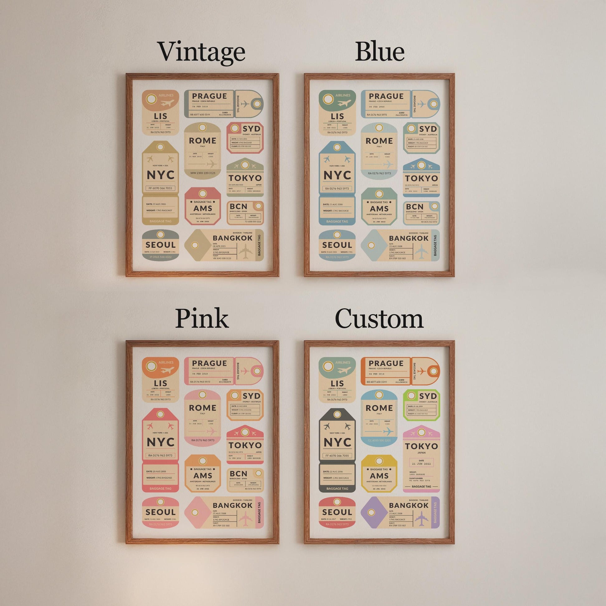 Digital print of airport luggage tags come in black and white, blue, vintage or custom. All made to suit any space at home