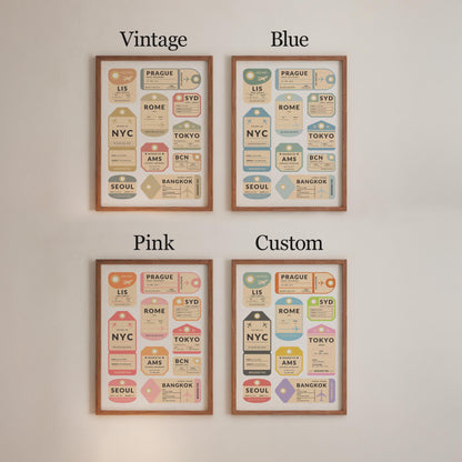 Digital print of airport luggage tags come in black and white, blue, vintage or custom. All made to suit any space at home