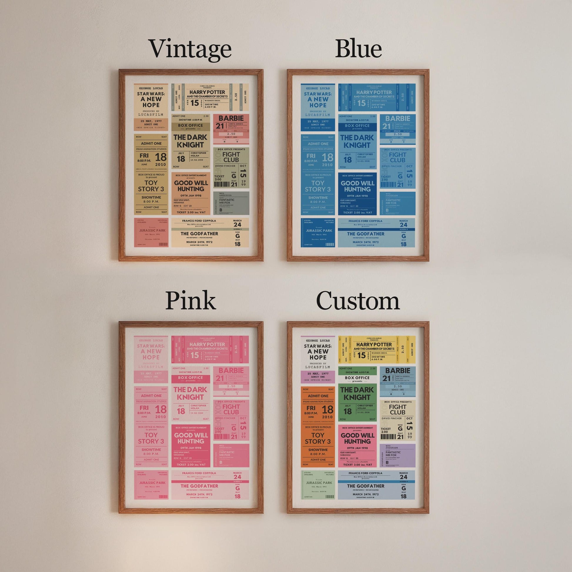 Retro cinema ticket wall art comes in various colour schemes. Pink, blue, vintage and custom. Perfect to match your home.